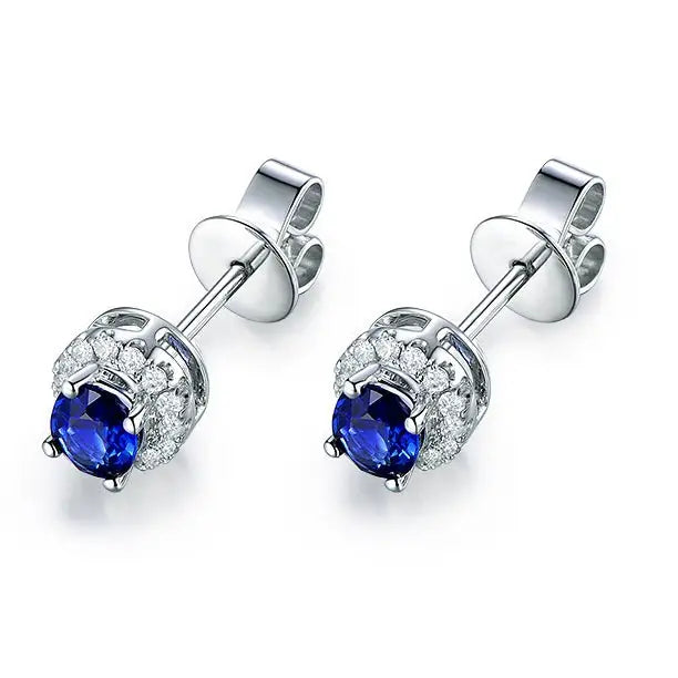Stud Earrings with Oval Blue Sapphire and Halo
