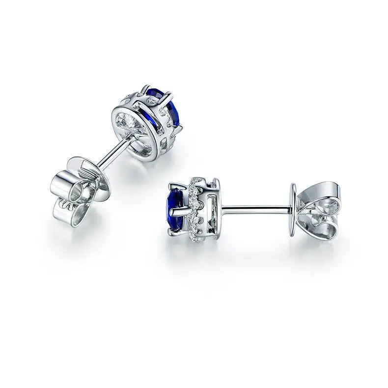 Stud Earrings with Oval Blue Sapphire and Halo