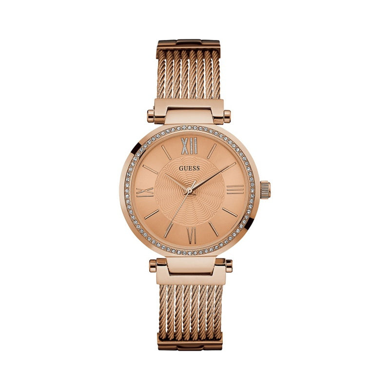 Guess Ladies Rose Gold Watch With Crystal Detailing and Rose Gold Wire Bracelet W0638L4, Women's