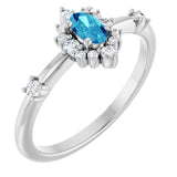 Oval Blue Zircon Halo Ring with Diamond Accents in White Gold