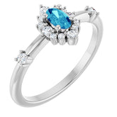 Oval Blue Zircon Halo Ring with Diamond Accents in Platinum