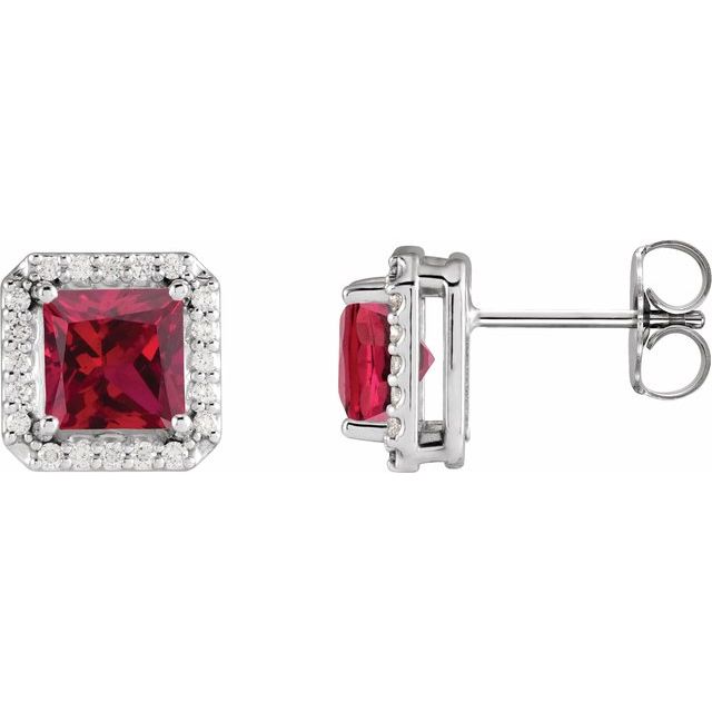 Ruby & Diamond Square Halo Stud Earrings in Gold and Platinum
