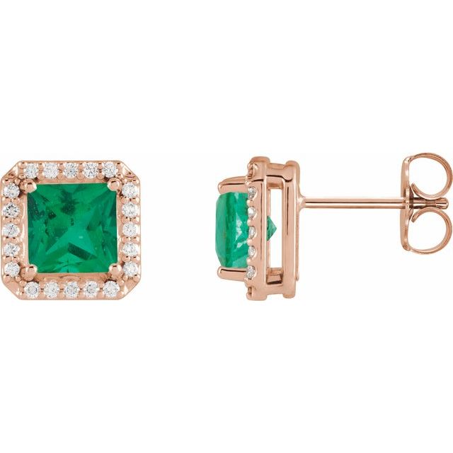Emerald & Diamond Square Halo Stud Earrings in Gold and Platinum