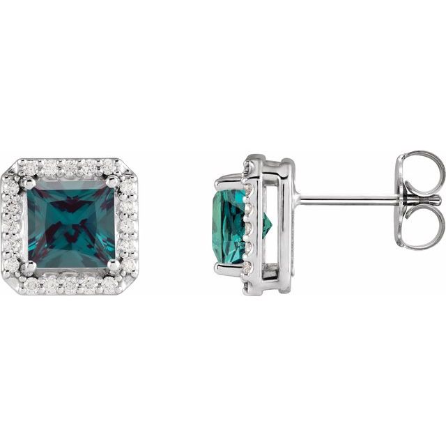Alexandrite & Diamond Square Halo Stud Earrings in Gold and Platinum