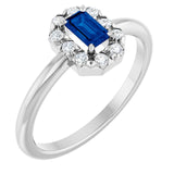 Emerald Blue Sapphire Halo Ring with Diamond Accents in Platinum