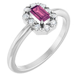 Emerald Pink Tourmaline & Diamond Halo Ring in Gold and Platinum