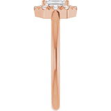 Emerald White Sapphire Halo Ring with Diamond Accents in Rose Gold