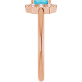 Emerald Blue Zircon Halo Ring with Diamond Accents in Rose Gold