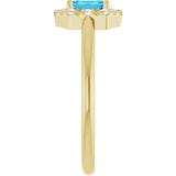 Emerald Blue Zircon Halo Ring with Diamond Accents in Yellow Gold