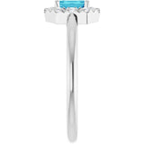 Emerald Blue Zircon Halo Ring with Diamond Accents in Platinum
