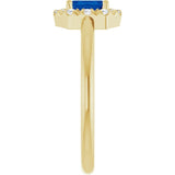 Emerald Blue Sapphire & Diamond Halo Ring in Yellow Gold