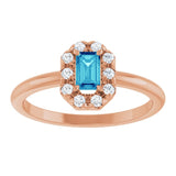 Emerald Blue Zircon Halo Ring with Diamond Accents in Rose Gold