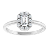 Emerald White Sapphire Halo Ring with Diamond Accents in Platinum