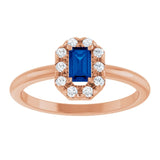 Emerald Blue Sapphire Halo Ring with Diamond Accents in Rose Gold