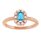 Emerald Aquamarine Halo Ring with Diamond Accents in Rose Gold