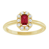 Emerald Lab-Grown Ruby & Diamond Halo Ring in Yellow Gold
