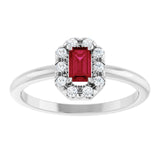 Emerald Ruby Halo Ring with Diamond Accents in Platinum