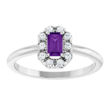 Emerald Amethyst Halo Ring with Diamond Accents in Platinum