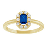 Emerald Lab-Grown Blue Sapphire & Diamond Halo Ring in Yellow Gold