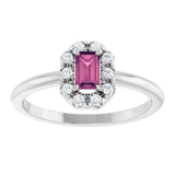 Emerald Pink Tourmaline & Diamond Halo Ring in Gold and Platinum