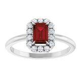 Emerald Mozambique Garnet & Diamond Halo Ring in White Gold