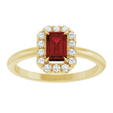 Emerald Mozambique Garnet & Diamond Halo Ring in Yellow Gold