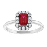 Emerald Lab-Grown Ruby & Diamond Halo Ring in White Gold