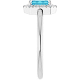 Emerald Blue Zircon & Diamond Halo Ring in Gold and Platinum