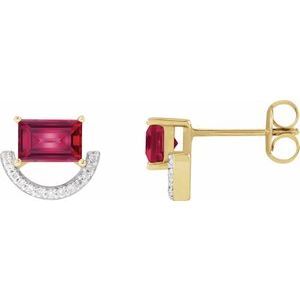 Ruby & Diamond Baguette Stud Earrings in Gold and Platinum