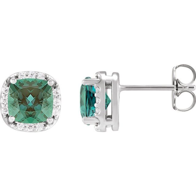 Alexandrite & Diamond Cushion Halo Stud Earrings in Gold and Platinum