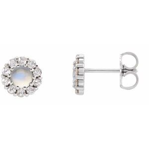 Rainbow Moonstone & Diamond Round Halo Stud Earrings in Gold and Platinum