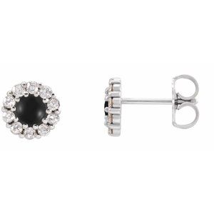 Black Onyx & Diamond Round Halo Stud Earrings in Gold and Platinum
