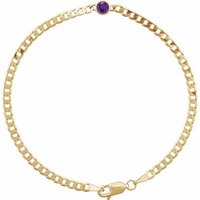 Round Natural Amethyst Bezel-Set Solitaire Curb Link Bracelet In Gold & Platinum