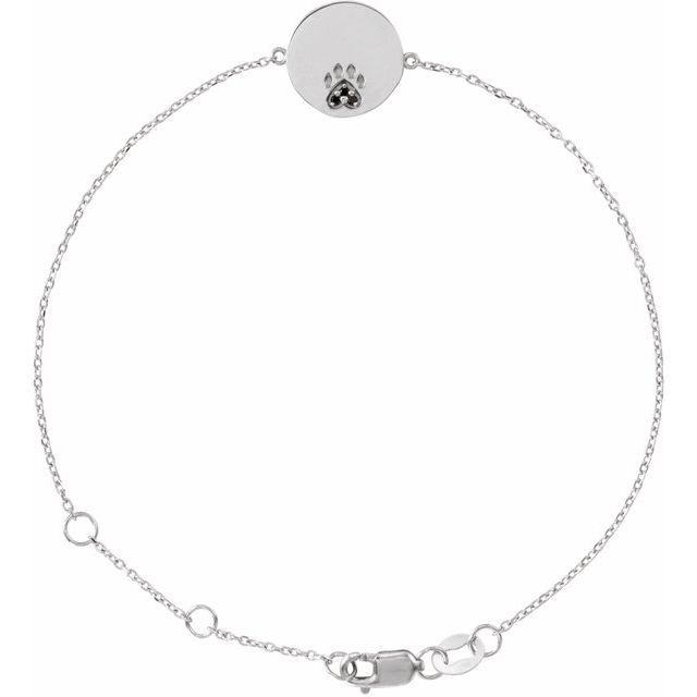 Round Natural Black Spinel Engravable Paw Print Bracelet In Silver