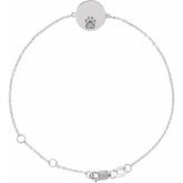 Round Natural White Sapphire Engravable Paw Print Bracelet In Silver
