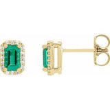 Emerald & Diamond Halo Stud Earrings in Gold and Platinum
