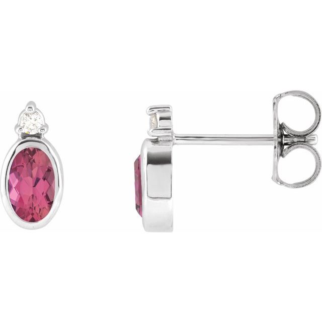 Pink Tourmaline & Diamond Oval Bezel-Set Stud Earrings in Gold and Platinum
