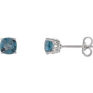 London Blue Topaz Cushion Stud Earrings in Gold and Platinum