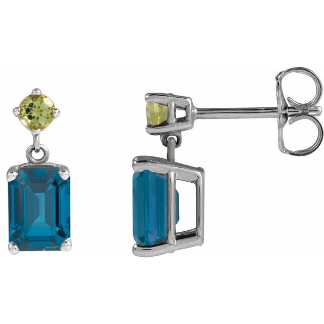 London Blue Topaz Emerald Stud Earrings in Gold and Platinum