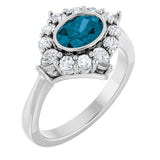 Oval London Blue Topaz & Diamond Halo Ring in Gold and Platinum