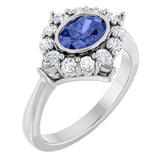 Oval Tanzanite Halo Ring with Diamond Accents in Platinum