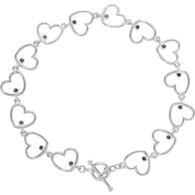 Round Natural Amethyst Accented Heart Link Bracelet In Silver