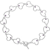 Round Natural Amethyst Accented Heart Link Bracelet In Silver