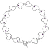 Round Natural Amethyst Accented Heart Link Bracelet In Silver