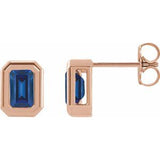 Blue Sapphire Emerald Solitaire Stud Earrings in Gold and Platinum