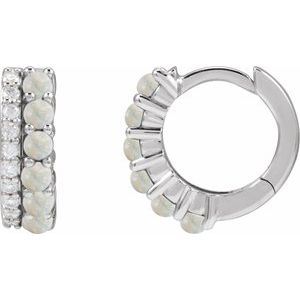 White Opal & Diamond Round Hoop Earrings in Gold and Platinum