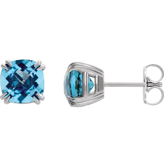 Swiss Blue Topaz Cushion Stud Earrings in Gold and Platinum