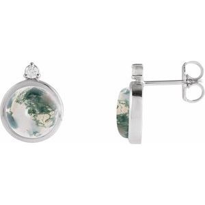 Moss Agate & Diamond Round Bezel-Set Stud Earrings in Gold and Platinum