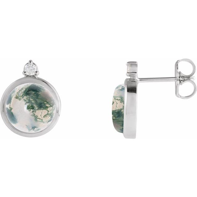 Moss Agate & Diamond Round Bezel-Set Stud Earrings in Gold and Platinum