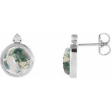 Moss Agate & Diamond Round Bezel-Set Stud Earrings in Gold and Platinum